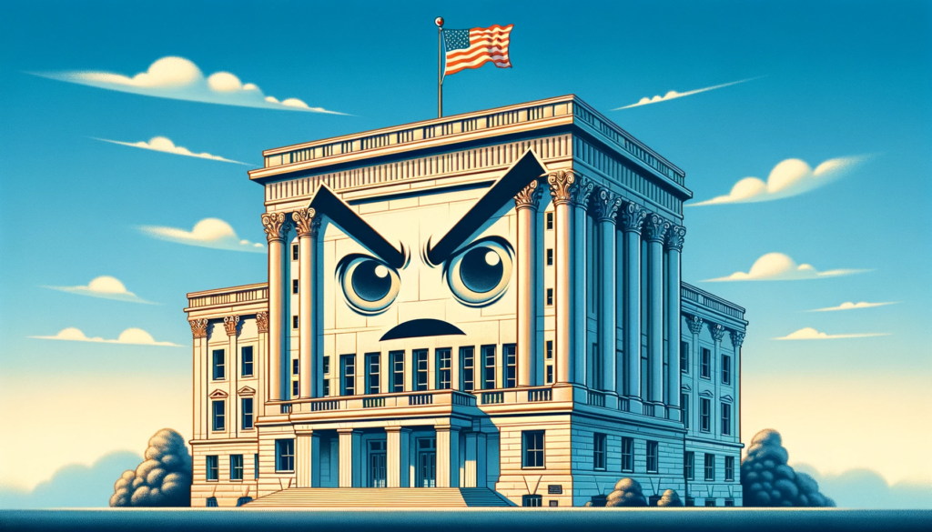 Biden S Regulators Continue Attacking American Consumers In 2024   DALL·E 2024 01 18 15.15.47 Create Another Illustration Of A Government Building With An Anthropomorphic Face Appearing More Frustrated Than Angry Similar To The Previous Image 1024x585 